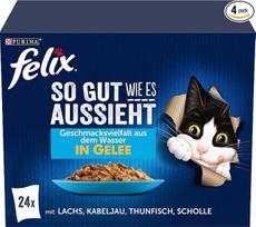 „FELIX As Good As It Looks“ kačių ėdalas | 24 praktiški porcijų maišeliai, švelnūs gabaliukai želėje, 4 skanūs skoniai, 100 % visavertė mityba