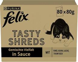 „Felix Tasty Shreds“ šlapias kačių maistas padaže, įvairių skonių rinkinys, 4 vnt. pakuotė (4 x 20 maišelių po 80 g)