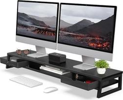 „Fenge“ dviejų monitorių stovas su 2 stalčiais kompiuteriui, 108 cm, juoda | monitoriaus pakėlėjas 2 monitoriams, skirtas kompiuteriui/nešiojamajam kompiuteriui/faksui/spausdintuvui/televizoriui, namams, biurui ir žaidimams, 108×25,5×13,8 cm, keliamoji ga