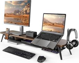„Fenge“ 108 cm monitoriaus stovas, skirtas nešiojamajam kompiuteriui ir televizoriui, rudos spalvos | 2 įrenginiai, iki 45 kg, mobiliojo telefono / nešiojamojo kompiuterio / planšetinio kompiuterio / ausinių laikiklis, priedai, montuojamas kairėje arba de