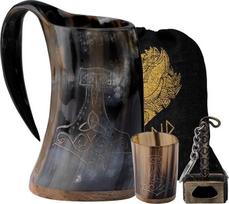 „FENRIR“ vikingų gėrimo ragas, 16 oz. Specialios Velykų dovanos vyrams ir moterims: šnapsio taurė + butelių atidarytuvas. 100 % rankų darbo, pagamintas iš tikro jaučio rago. Skandinaviškas vikingų ragas, skirtas alui ir elui