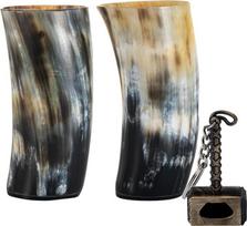 „FENRIR“ vikingų gėrimo ragų stiklinės, 2 vnt. rinkinys, stiklinės iš jaučio rago, 12–13 oz talpos su „Hammar“ atidarytuvu, stilingos ir unikalios stiklinės, rankų darbo taurės, viduramžių stiliaus stiklinės alui, metui ir viskiui