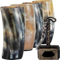 „FENRIR“ vikingų gėrimo ragų puodelių rinkinys (4 vnt.), ypatingos vikingų dovanos vyrams ir moterims, butelių atidarytuvas, natūralus jaučio ragas, vikingų puodelis, šiaurietiškų šnapsų taurelių rinkinys gėrimui