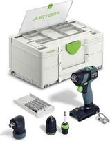 „Festool“ akumuliatorinis gręžtuvas TXS 18, bazinis komplektas, kurį sudaro magnetinis grąžtų laikiklis + gręžtuvo griebtuvas + kampinis priedas + be raktelio gręžtuvo griebtuvas + grąžtų kasetė + grąžtas + diržo spaustukas + „Systainer“ SYS3 DF M 187