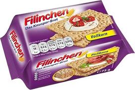 „Filinchen“ viso grūdo duona 75 g – traškūs duonos riekeliai su 88 % viso grūdo kviečių – be laktozės, mažai natrio – kultinis klasikinis pasirinkimas sveikam pusryčiui – su receptų knygute