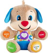 „Fisher-Price“ žaislas „Mokymasis žaidžiant“ – šuniukas su trimis lygiais, kalbantis ir muziką grojantis minkštas žaislas, žaislas vaikams ir kūdikiams, interaktyvus meškiukas, nuo 6 mėnesių, versija: vokiečių kalba, FPM50