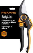 „Fiskars DualAction“ genėjimo žirklės – rankinės žirklės su dviem pjovimo režimais, „bypass“ tipo genėjimo žirklės, skirtos stiebams ir šakoms iki 2,5 cm skersmens, mažos trinties plieninis peilis, „FiberComp“ rėmas