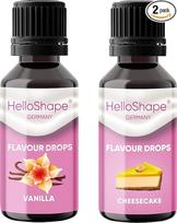 „Flavour Drops“, be cukraus, 2 vnt. po 30 ml rinkinys, vanilės ir sūrio pyrago skonio, be kalorijų saldiklio lašai su dozavimo pagalbine priemone, veganiški, skirti natūraliam jogurtui, košei ar varškei