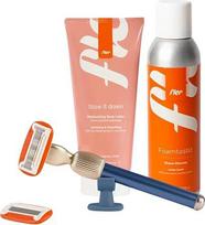 „Fler Smooth Skin“ rinkinys – moteriškas skustuvas su laikikliu ir 2 atsarginiais peiliukais, unisex skustuvas, rinkinys su depiliacijos putomis ir raminančiu kūno kremu, peiliukas su aloe vera (Blue Midnight, kremas 200 ml)