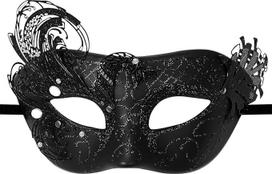 „Flongo“ moterims skirta „Peacock Masquerade“ kaukė: juoda venecietiška puskaukė su drugelio motyvu, blizgančia tekstūra, karoliukais ir kristalais – karnavalo, Helovino ir vestuvių kostiumų aksesuaras