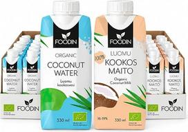 „FOODIN“ ekologiško kokosų vandens ir ekologiško kokosų pieno rinkinys – gėrimams, kokteiliams ir maisto gaminimui – 12 x 330 ml + 12 x 330 ml