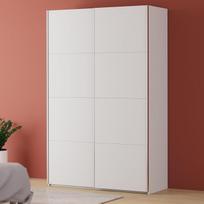 „Forte FITTIO“ spinta 150 – moderni spinta su stumdomosiomis durimis, 2 durys, drabužių pakaba, lentynos, miegamajam, pagaminta iš kompozicinės medienos, balta, 150,1 cm pločio x 235 cm aukščio x 61,2 cm gylio
