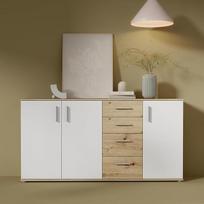 „Forte IKOLI“ komoda 160, moderni komoda, 3 durys, 4 stalčiai, skirta svetainei, miegamajam, prieškambariui, pagaminta iš medžio kompozito, balta su „Artisan Oak“ medžio dekoro apdaila, 159,2 cm pločio x 81,7 cm aukščio x 31,4 cm gylio