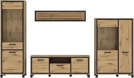 „Forte Trondheim“ sieninė spintelė L 340 350, moderni sieninė spintelė su 4 durelėmis, 2 stiklinėmis durelėmis, stalčiu, sieninė spintelė, pagaminta iš medžio, „Artisan Oak“ / „Black Oak“ medžio apdaila, 344,2 cm pločio x 208 cm aukščio x 41,5 cm gylio
