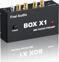 „Fosi Audio BOX X1“ MM patefonų foninis priešgarsinis stiprintuvas su 3,5 mm ausinių ir RCA išėjimais, mini foninis priešgarsinis stiprintuvas su įjungimo/išjungimo jungikliu, skirtas patefonams, komplektacijoje – 12 V nuolatinės srovės maitinimo šaltinis