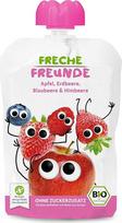 „FRECHE FREUNDE“ ekologiškos obuolių, braškių, mėlynių ir aviečių vaisių tyrės, supakuotos į išspaudžiamą maišelį, skirtos kūdikiams nuo 6 mėnesių, be glitimo ir veganiškos, 100 g