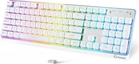 „FREEWOLF M104 RGB“ belaidė kompiuterio klaviatūra, QWERTY, ergonomiškos plokščio profilio membraninės klavišos, 2,4 GHz/BT/USB, atspari skysčių patekimo, 4000 mAh, tyli, pilno dydžio su skaitmenine klaviatūra, skirta PC ir „Mac“ – balta