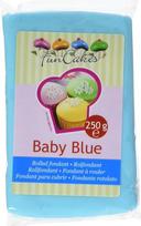 „FunCakes“ fondantas „Baby Blue“: šviesiai mėlynos spalvos, lengvai naudojamas, glotnus, elastingas, minkštas ir glotnus, puikiai tinka tortų dekoravimui, atitinka „Halal“ ir „Kosher“ reikalavimus, be glitimo. 250 g