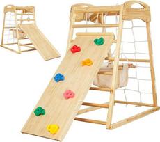 „FUNLIO“ 7-in-1 medinis laipiojimo stendas vaikams nuo 2 iki 5 metų, „Montessori“ stiliaus laipiojimo trikampis, pagamintas iš masyvios pušies medienos, su sūpuoklėmis, čiuožykla, laipiojimo akmenimis, tinklu, kopėčiomis, laipiojimo strypais ir gimnastiko