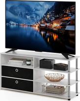 „Furinno Jaya“ paprasto dizaino TV stovas, skirtas iki 55 colių ekranams, su dėžutėmis, iš baltojo ąžuolo ir nerūdijančio plieno vamzdžių
