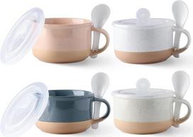 „GBhome“ 700 ml keraminių sriubos puodelių rinkinys (2 vnt.) su rankenėlėmis ir dangteliais, terakotos spalvos pagrindu ir šaukšteliu, skirtas sriubai, javainiams, salotoms, makaronams ir ramenui, tinka naudoti mikrobangų krosnelėje ir plauti indaplovėje,