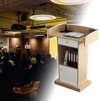 „Generisch Podium“ pristatymų tribūna, modernus minimalistinis kalbėjimo pultas su krašto fiksatoriumi, ant grindų stovinti tribūna, skirta mokymui ir renginių vedimui (šviesusis ąžuolas)