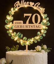 „Giftota“ eukalipto torto papuošalas 70-mečio proga vyrams ir moterims | Elegantiškas torto papuošalas 70-mečiui – medinis eukalipto torto papuošalas su LED lemputėmis – torto papuošalas 70-mečiui