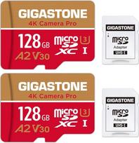 „GIGASTONE“ atminties kortelė 128GB, 2 vnt., fotoaparatui, „GoPro Switch“, greitis 100MB/s, „A2 V30“ „MicroSDXC“ kortelė su „SD“ adapteriu