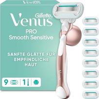 „Gillette Venus Pro Smooth Sensitive“ skustuvas moterims, metalinis, rožinio aukso spalvos | Moteriškas skustuvas jautriai odai, komplekte yra 9 peiliukai, skirti skustymui su vandeniu, tvirta metalinė rankena ir laikiklis dušui