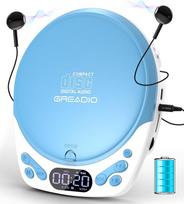 „Greadio“ nešiojamasis CD grotuvas su ausinėmis, įkraunamas „Discman“ CD grotuvas, skirtas naudoti automobilyje ir namuose, „Walkman“ CD grotuvas su „Anti-Skip“ funkcija, palaiko CD/MP3/WMA/TF/AUX/Lock (mėlynas/baltas)