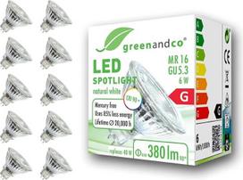 „Greenandco®“ CRI90+ LED taškinis šviestuvas, pakeičia 45 W, MR16 GU5.3 halogeninį prožektorių, 6 W, 470 liumenų, 3000 K, šilta balta, SMD LED prožektorius 36°, 12 V, AC/DC, su apsauginiu stiklu, negalima reguliuoti šviesos intensyvumo