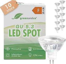 „greenandco“ 10x CRI 90+ MR16 GU5.3 LED prožektorius, 5 W, 400 lm, 38°, 3000 K, šilta balta, COB LED, 12 V AC/DC, be reguliavimo funkcijos