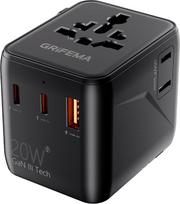 „GRIFEMA Worldwide“ 5-in-1 kelioninis adapteris su 2 USB-C jungtimis (20 W PD) | Su 1 USB-A jungtimi ir 2 kintamosios srovės lizdais, skirtas naudoti Anglijoje, JAV, Europoje, Australijoje ir Japonijoje