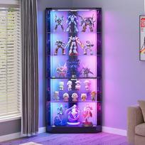 „Guerxl“ 175 cm stiklinė vitrina su RGB apšvietimu, moderni kampinė vitrina su dinamišku apšvietimu ir reguliuojamu skiriamuoju elementu, vitrina su judesio jutikliu, skirta svetainei ir kolekcionuojamiems daiktams, juodos spalvos | Stiklinė vitrina su re