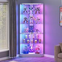 „Guerxl“ 175 cm stiklinė vitrina su RGB apšvietimu, moderni kampinė vitrina su dinamišku apšvietimu ir reguliuojamu skiriamuoju elementu, Vitrina su judesio jutikliu, skirta svetainei, miegamajam, kolekcionuojamiems daiktams | Stiklinė vitrina su reguliuo