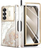 „GVIEWIN“ dėklas „Samsung Galaxy Fold 6“ su stumiamu kameros dangteliu, marmuro raštas | Su ekrano apsaugine plėvele, su „S Pen“ laikikliu, su vyrių apsauga, atsparus įbrėžimams, tvirtas, karinio lygio apsauginis dėklas, perlamutrinis blizgesys / baltas