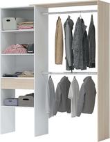 „Habitdesign“, atvira drabužinė su 2 drabužių pakabomis, 4 lentynomis ir 1 stalčiumi – transformuojama atvirų spintų sistema, spalvos: „Artik White“ ir ąžuolo, matmenys: 158 x 187 x 40 cm (plotis x aukštis x gylis), modelis „Dress“