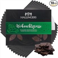 „Hallingers“ 10 vnt. Kalėdinių atvirukų – veganiškas tamsus šokoladas su smulkiu kakava ir mėtų skonio – rankų darbo, be alkoholio (dėžutė) – dovana Motinos dienai ir dovanų idėjos Tėvo dienai | Sveikinimai, padėkos, draugystė