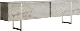 „Hanah Home“ elegantiškas TV stovas su metalinėmis kojomis, travertino ir aukso spalvos apdaila, 180 x 30 x 50 cm, pagamintas iš 100 % melaminu dengtos medžio drožlių plokštės, 18 mm storio, stilingas marmuro dizainas, skirtas modernioms svetainėms