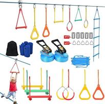 „Hapfan Ninja“ kliūčių ruožas: 15 m × 2 slackline su 8 kliūtimis, kabantis unisex slackline rinkinys, kliūčių ruožas lauke, kabantis tinklas ir kopėčios, „Monkey Bar“ rinkinys, „Zip Line“