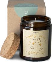 „HAPPYSOY“ Naujųjų metų sojų vaško kvapioji žvakė, nuostabus aromatas, degimo trukmė – daugiau nei 40 valandų, Naujųjų metų dovana merginai, rudos spalvos vaistininko stiklainis su kamštiniu dangteliu, sojų vaškas be GMO