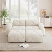 „HAUSPROFI“ dvivietė sofa su miego funkcija, 200 cm, grindinė sofa su 2 taburetėmis, pagaminta iš 32D didelio tankio putų, su patogiu šeniliniu audiniu, velveto sofa, skirta svetainei, nereikia surinkti, balta