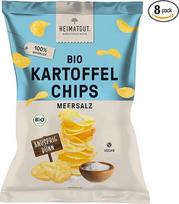 „Heimatgut“ ekologiški traškučiai su jūros druska – veganiški bulvių traškučiai be konservantų, be palmių aliejaus ir genetiškai modifikuotų ingredientų, be glitimo ir dirbtinių priedų. 134 kcal vienoje porcijoje (8 x 125 g)