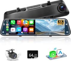 „Herilary“ 12 colių 4K atbulinės vaizdo kameros veidrodis su belaidžiu „Android Auto“, vaizdo registratoriaus veidrodis su G-jutikliu, ciklinio įrašymo funkcija, parkavimo pagalba, „Bluetooth“, „Mirror Link“, AUX, SD kortele, WDR, HD jutikliniu ekranu