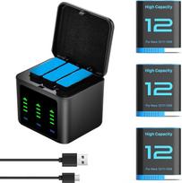 „Hero12“ akumuliatoriaus įkrovimo rinkinys, skirtas „GoPro Hero 12“, „11“, „10“ ir „9“ modeliams (juodos spalvos), 3-funkcinis įkrovimo dėklas su USB-C įkrovimo kabeliu