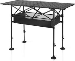 „HIGH POINT SPORTS“ kempingo stalas, sulankstomas, reguliuojamo aukščio, 120 x 55 cm, aliuminio rėmas, suskleidžiamas stalviršis, su nešimo rankena ir daiktų laikymo tinkleliu, lauko stalas, nešiojamas, skirtas kempingui