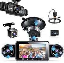 „Hikity“ 360° automobilinė vaizdo kamera su 64 G SD kortele, 4 kanalai | 3 colių IPS ekranas, 1080P raiška, G-jutiklis, ciklinis įrašymas, 24 val. stovėjimo stebėjimas, naktinio matymo funkcija