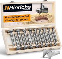 „Hinrichs“ Forstner grąžtų rinkinys, 17 vnt., mediniame lagaminėlyje – Forstner grąžtų rinkinys, 15–40 mm – įvairiems darbams: medžio gręžimui, kaiščių įgręžimui, vyrių įgręžimui