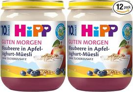 „HiPP Organic Good Morning“ mėlynių ir obuolių jogurto muslis (6 x 160 g), kūdikių maisto stiklainiai nuo 10 mėnesių, be pridėto cukraus, su vitaminu B1 (2 vnt. pakuotė)
