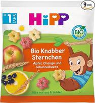 „HiPP Organic Nibble Stars“ su obuoliais, apelsinais ir serbentais, užkandis vaikams nuo 1 metų (9 x 30 g)